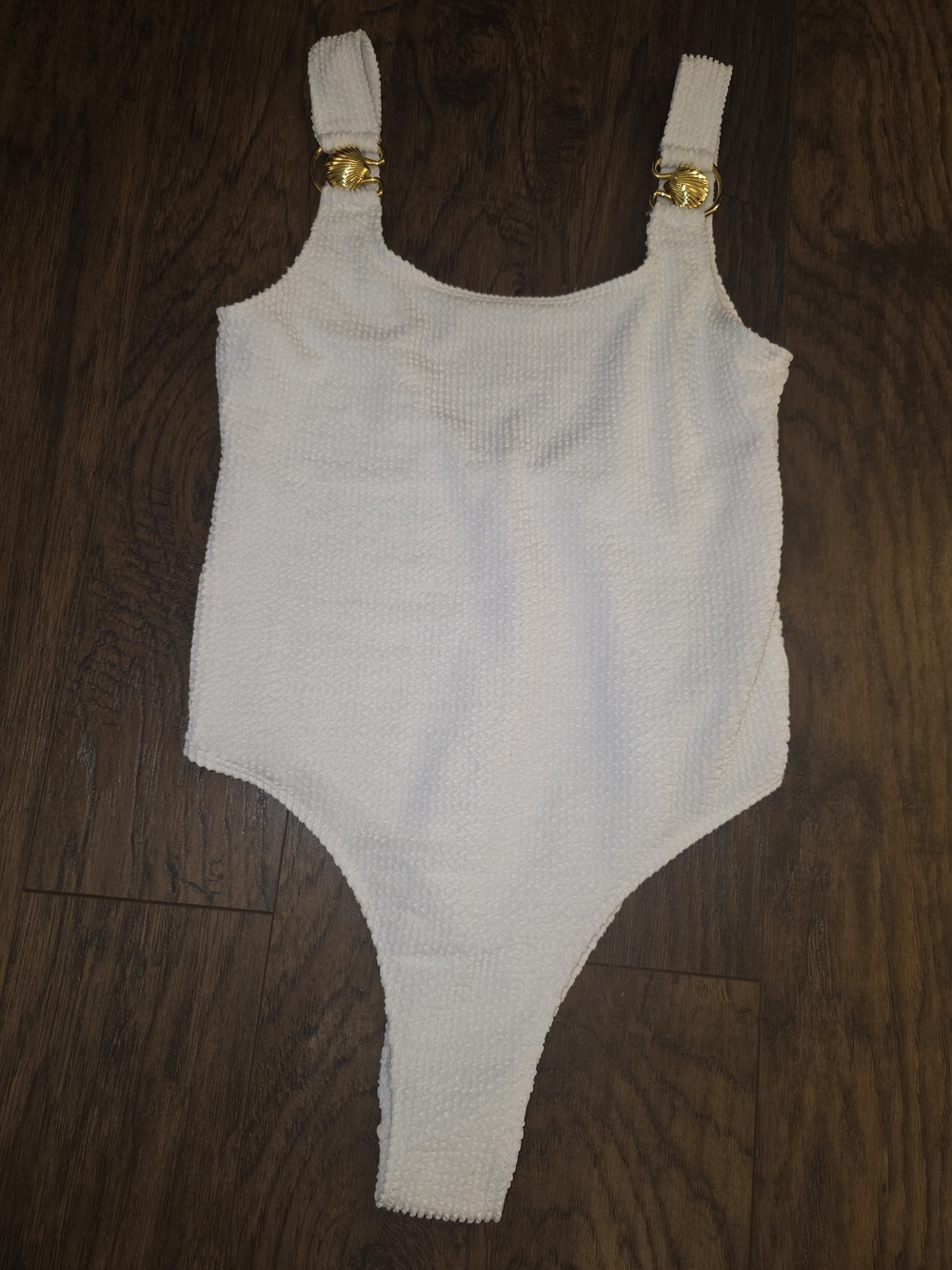 Boohoo White Textured One-Piece with Gold Ring Straps